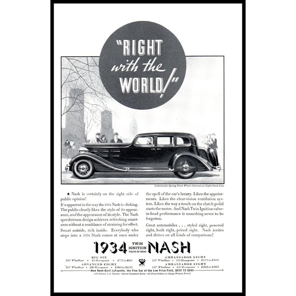 1934 Nash Ambassador Eight Sedan Saloon Vintage Print Ad New York City Wall Art